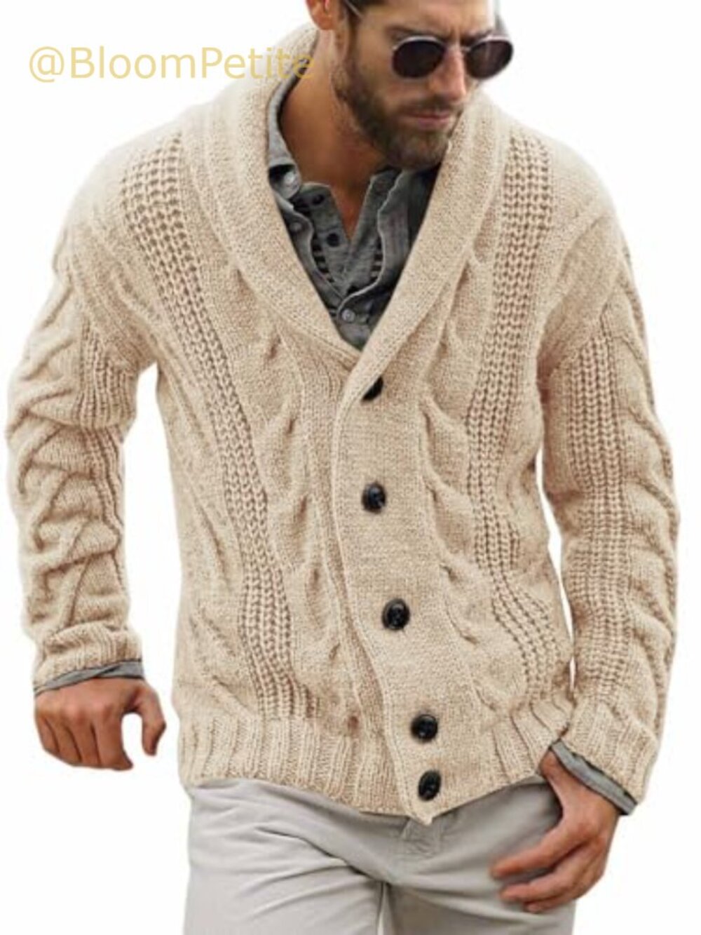 Mens Cable Knit Shawl Collar Cardigan Sweater Button Front Loose Fit